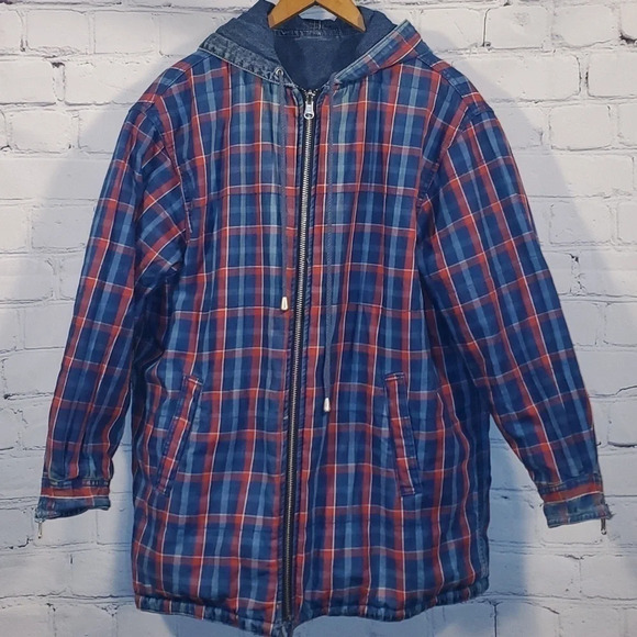 Vintage 90's Denim and Plaid Zip Up Midweight Reversible Coat w Zipper Sleeves - Picture 9 of 16